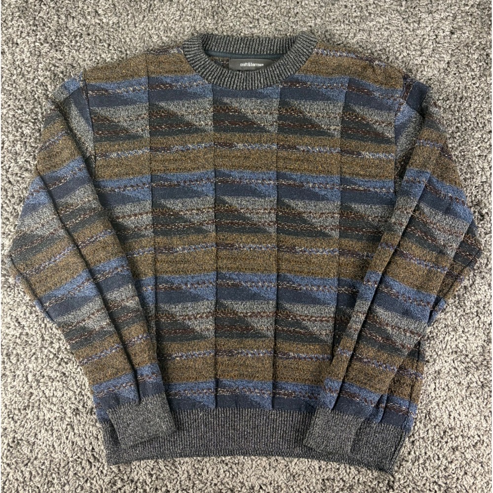 Vintage Croft & Barrow Mens Large Geometric Knit Sweater Blue Brown 90s Pullover